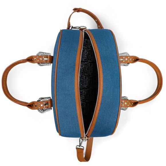 Von Dutch Denim Blue Brown Bowling Bag Large Studded Handle Duffel 16" x 12" - Picture 6 of 10